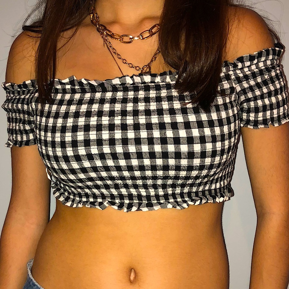 GINGHAM CROPPED OFF THE SHOULDER TOP
